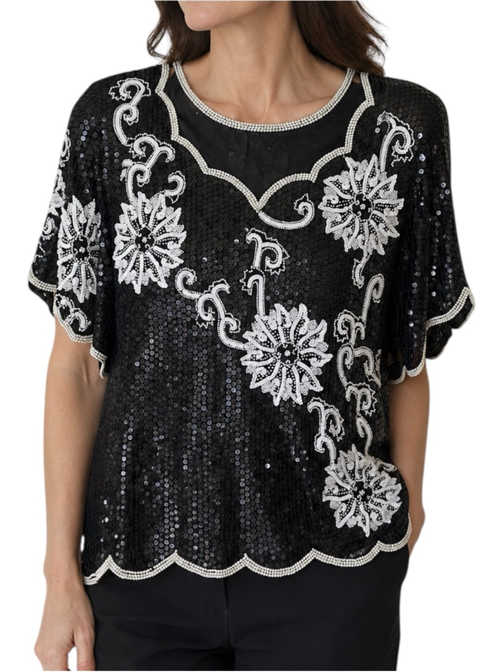 Royal Feelings Vintage Black Silk Sequin Beaded Floral Top Evening Party Glam XL